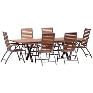 ALEOS. Gartengarnitur Edelstahl Teak Set: Ausziehtisch 200-260x100 cm + 6 Teak-Edelstahl Hochlehner, Sitzgruppe A-Grade Teak Holz - Serie NASSAU - ... - Silber/Braun