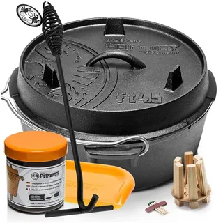 Petromax Schmortopf Feuertopf Dutch Oven ft4,5 ohne Füsse 2-4 Personen 3,5l, Gusseisen (Spar-Set, 6-tlg., Topf+Deckel+Deckelheber+Paste+Schaber+Feuer-Kit), Deckel mit Henkel, als Pfanne nutzbar, Topf induktionsfähig