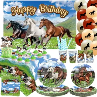 Cowboy-Pferde-Geburtstagsdeko-Set, 74-teilig, Papier, Western - Weiß/Braun/Dunkelbraun