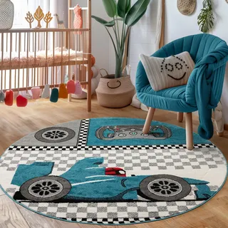 Carpettex Kinderteppich Rennwagen Design Blau 120 cm Rund - Kurzflor Teppich Kinderzimmer für Mädchen und Jungen Pflegeleicht Weich - Waschbarer Spielteppich Babyteppich Gaming Teppich Babyzimmer