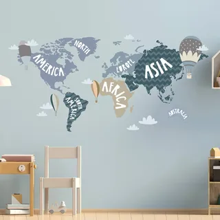 WELTKARTE Wandtattoo Set V248 | handgezeichnet | AUFKLEBER Kindergarten | Wandsticker Kinderzimmer Landkarte Karte Länderkarte Länder Globus (Blau, 100 x 50 cm)