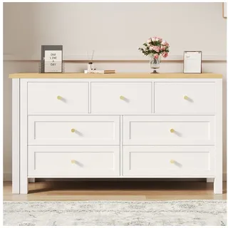 Flieks Kommode mit 360° drehbare Tisch und 7 Schubladen (Tischplatte mit Holzmaserung, 2 St), 2-in-1 Schreibtisch mit Mehrzweckschrank Sideboard weiß&natur weiß