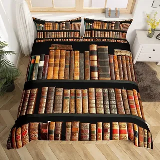 Loussiesd Vintage Bücher Bettbezug Set 3D Bücherregal Einzelne Kinder Jungen Braun Buch Druck Bettwäsche Set 135x200cm mit 1 Kissenbezug Gelbbraun Für Mädchen Teenager