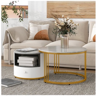 Celya Couchtisch 2er Set Rund Tisch Wohnzimmer Rund mit Metallgestell Beistelltisch, Weiss Modern Satztische fürs Wohnzimmer, Weiß Gold Marmor Optik grau