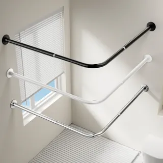 Onpira® Eck-Duschvorhangstange Teleskop L-Form 90–180 cm – Edelstahl, selbstklebend oder schraubbar – Ohne Bohren – In Silber, Schwarz, Weiß – 12 Varianten wählbar (Selbstklebend Edelstahl, 90x90cm)