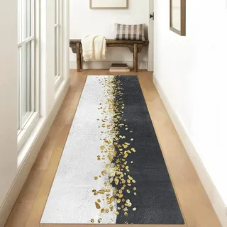 Kücheläufer Waschbar Läufer Teppich Lang Flur rutschfest Schwarz Weiß Gold 60x300cm Meterware Modern Abstrakt Teppichmatten Waschbar Korridor Wohnzimmer Schlafzimmer 40-100cm Breit, Anpassbare Größe
