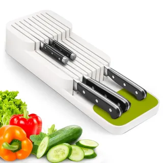 Verbesserte Messerblock für Schublade, Zweistufiger Messer Organizer mit Schlitzen, Platz für 9 Messer, Knife Block mit Anti-Rutsch-Pad, für Schubladen oder Arbeitsfläche, Sicher, Kompakt - Weiß