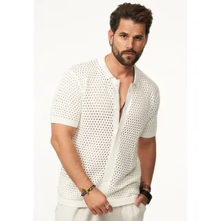 SOULSTAR Poloshirt im Crochet Vintage Summer-Look Herren Kurzarm Strick Polo-Hemd Cardigan T-Shirt weiß XXL