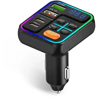 Ouitble Bluetooth Adapter Auto 12V-24V Bluetooth 5.0 FM Transmitter Autoladegerät mit 2 USB A+ 2 Type C, Auto Ladegerät Musik-Player Zigarettenanzünder mit LED Display