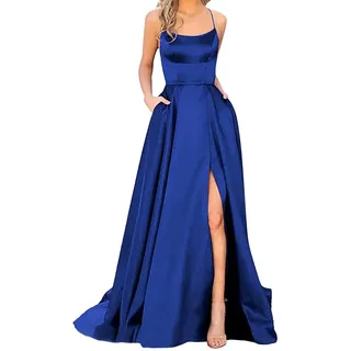 Abendkleid Damen Lang- Spaghettiträger Kleider Damen Ballkleider, Lange Satin Kleid Damen mit Schlitz Taschen Sexy Abendkleider Elegant für Hochzeit Rückenfrei Neckholder Trägekleid Hochzeitskleid