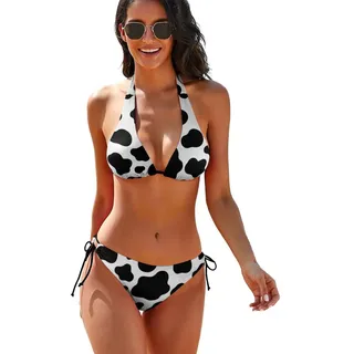 Bikini-Set für Damen, zweiteilig, sexy, Neckholder, gepolsterter Bikini, Badeanzüge, seitliche Bindung, Tanga-Unterteil, Kuhmuster, Medium - M