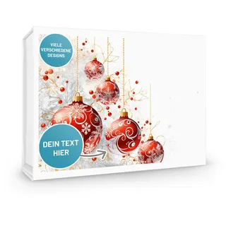 VerpackungsWelt Personalisierte Geschenke-Box | 31x22x10 cm | Geschenk-Karton mit Deckel & Magnet-Verschluss | Gold-rotes Weihnachtskugel-Motiv | Kartons personalisiert in Weiß