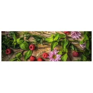 Bilderdepot24 Teppich Teppich Vinyl Küchenmatte Küche Holzoptik Himbeeren Minze lang, Läufer - grün glatt, nass wischbar (Spritzer, Tierhaar) Saugroboter & Bodenheizung geeignet grün 150 cm x 50 cm