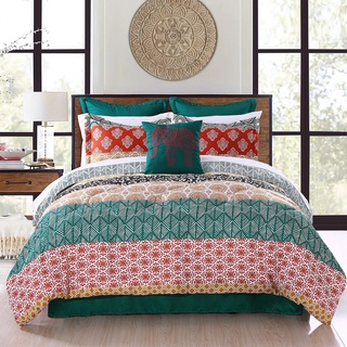 Lush Decor Luxuriöse böhmische Schlafzimmerdekoration – Elegante gestreifte wendbare 7-teilige Bettdeckensets – weich, bequem, stilvoll – Schlafen im Boho-Stil und Komfort – King Size (Türkis &