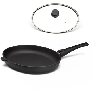Hoffmann STONIQ Schnitzel- & Fischpfanne oval 38x28 cm | Aluguss, IQ-SHIELD Antihaftbeschichtung, PFAS-frei, Abnehmbarer Stiel, Induktionsgeeignet, made in Germany