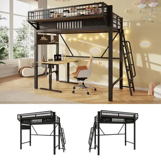 Hochbett, 90 x 200 cm, Metallbettgestell, Staufächer, offene untere Ebene, Ohne Matratze, Schwarz