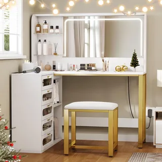 Eck-schminktisch 120 X 80 X 135 Cm Mit Led-spiegel, 5 Schubladen Und Hocker, Holzwerkstoff, Weiß