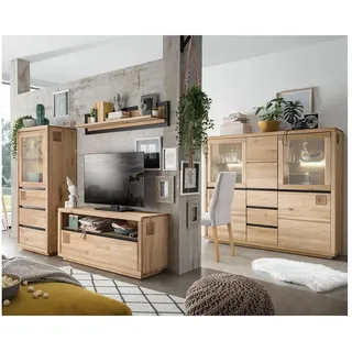 Lomadox Esszimmer-Set WINCHESTER-69, (Spar-Set, 4-St., Highboard Esstisch Sideboard), Wohnzimmermöbel Hochkommode Tisch Eiche massiv Hirnholz-Detail braun