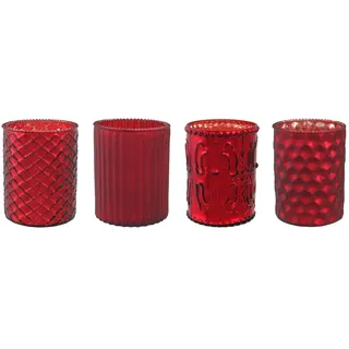 Unbekannt Glas- TEELICHT mit DEKOR ca 10 cm. 4 STÜCK. Teelichtglas teilw. verspiegelt. ROT -01