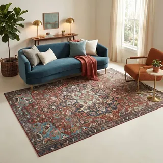 TAPISO ISPAHAN Orientteppich Waschbar Kurzflor 140 x 200 cm - Blau