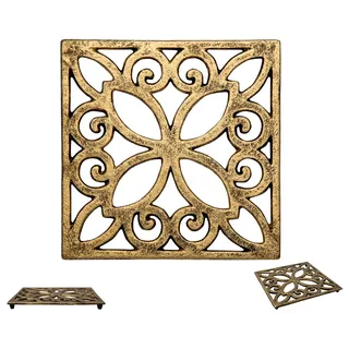 Dekorativer Gusseiserner Topfuntersetzer für Küche oder Esstisch - Quadratisch mit Vintage-Muster - 16,51 x 16,51cm - Mit Gummi-Füßen - Recyceltes Metall - Vintage, Rustikales Design - von Comfify