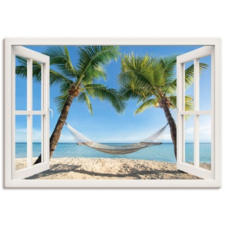 Artland Leinwandbild Wandbild Bild auf Leinwand 130x90 cm Wanddeko Fensterblick Fenster Strand Karibik Meer Palmen Hängematte Südsee T4TQ