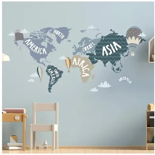 WANDKIND WELTKARTE Wandtattoo Set V248 | handgezeichnet | AUFKLEBER Kindergarten | Wandsticker Kinderzimmer Landkarte Karte Länderkarte Länder Globus (Blau, 100 x 50 cm)