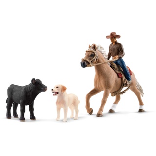 schleich FARM WORLD 42578 Bauernhof Rodeo Abenteuer Spielset, 6-Teiliges Tiere Set mit Cowboy, Pferd, Kalb, Hund und Zubehör, Realistisches Western Rodeo Bauernhof Spielzeug für Kinder