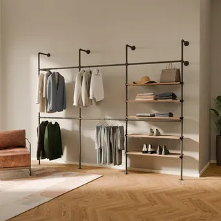 pamo Offener Kleiderschrank Wandmontage Industrial – Begehbarer Kleiderschrank System mit Eichenholz-Regal | Wandsystem aus Wasserrohren Metall schwarz | 460 kg Traglast | 296 x 222 cm