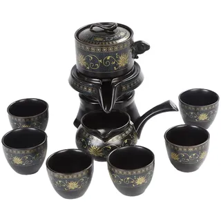 LOLIPPYY Chinesisches Keramik Teeservice Satz mit Teekanne und Stövchen Schwarz Anti Verbrühend Halbautomatisches Design für Büro und Teeliebhaber