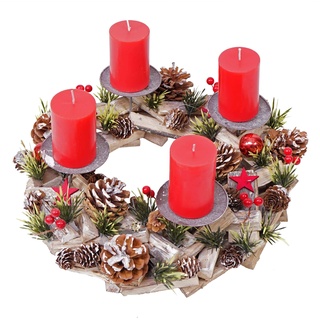Adventskranz HWC-H50AM, Weihnachtsdeko Adventsgesteck Weihnachtsgesteck, Holz rund Ø 33cm - inkl. 4X Kerzen rot