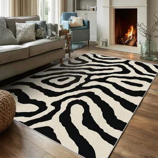 Generisch Waschbarer Teppich Wohnzimmer 160x230 Zebra Schwarz Creme Motiv, Abstrakt Wellen Teppiche Gegend für Schlafzimmer Deko, Großer Rugs for Living Room, Weich rutschfest Kurzflor E115