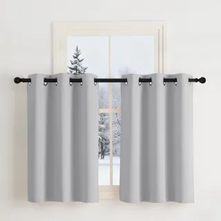 NICETOWN Blickdichte Vorhänge Kurz Thermovorhang Kälteschutz Gardinen Ösen | Hellgrau, H90 x B107 cm, 2er Set, Vorhang Blickdicht Kurz, Isoliervorhang gegen Kälte, Scheibengardinen für küche, Wohnzimmer