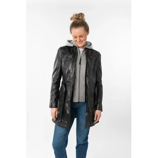 Ledermantel MAURITIUS "BENTE2", Damen, Gr. XXL/44, schwarz, Obermaterial: 100% Schafsleder. Futter: 100% Baumwolle. Kapuze: 55% Polyester, 45% Baumwolle. Ärmelfutter: 100% Polyester, figurbetont lang, mit Reißverschluss, Mäntel, lange Lederjacke mit Gürtel & abnehmbarem Kapuzen-Inlay