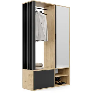 GREKPOL 100x33x190 cm (Rechts/Links) Garderobe Set mit Spiegel - Flurgarderobe Set Artisan + Schwarz - Garderobenschrank Flur mit Sieben Regalböden und Kleiderhaken