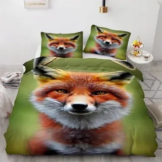 ROUSKI Bettwäsche-Set 3-teilig 155x220cm Mikrofaser Fuchs 3D Motiv mit Reißverschluss