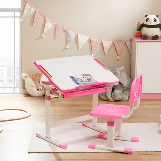 Kinderschreibtisch mit Stuhl TUTTO in weiß/rosa höhenverstellbar und neigbar mit Schublade und Stifterinne, Schreibtisch höhenverstellbar für Kinder, Tisch mit neigbarer Arbeitsfläche mit Rucksackhalt
