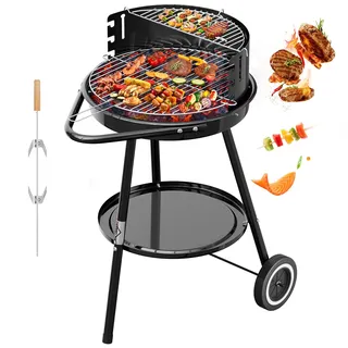 Holzkohlegrill mit Drehspieß ∅52cm Grillwagen Rundgrill  mit Räder Camping Grill