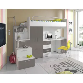 Compleo Jugendbett Etagenbett mit Schreibtisch und Treppe, Schrank und Schreibtisch MOES, für Jungen und Mädchen, Hochbett grau