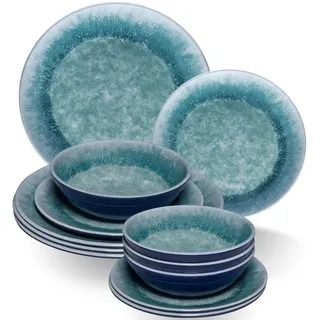 Melamin Camping Geschirr Set 4 Personen 12 teilig mit 4 Teller 4 Dessertteller 4 Schalen Essgeschirr Campinggeschirr Tafelservice Tafelgeschirr Outdoor Kombiservice Picknickgeschirr blau