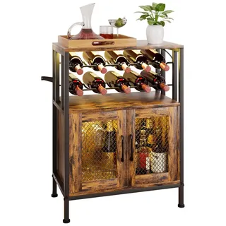 Yorbay Weinschrank Vintage mit LED Beleuchtung, Abnehmbares Weinregal für 10 Flaschen (6 Gläser Halter, Küchenschrank Sideboard 60x24x80cm) Weinständer für Küche & Esszimmer