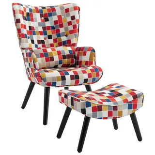 HomeMiYN Ohrensessel Relaxsessel Lehnstühle Patchwork Ohrensessel mit Hocker lesesessel, Chair rot