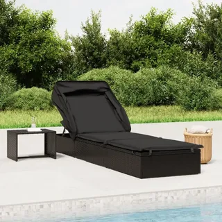 Owoxanthellate Sonnenliege klappbar mit Faltdach Schwarz 213x63x97 cm aus witterungsbeständigem Poly Rattan und Stahl, verstellbare relaxliege für Garten Balkon Pool und Campingplatz