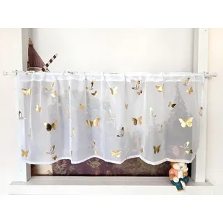 Devola Scheibengardinen mit Schmetterlingen Kurzstores Gardinen Bistrogardine Transparent Gardine mit Glanzdruck Küchengardine Kurz Modern HxB 60x120cm Gold 1 Stück