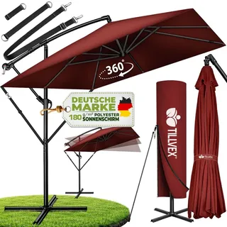 tillvex® Alu Sonnenschirm Rechteckig Ø 330 cm Rot + Abdeckung mit Kurbel | Ampelschirm Eckig mit Ständer & Windschutz | Gartenschirm UV-Schutz A... - Rot
