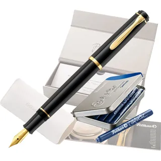 Pelikan Füllhalter Classic 200, Schwarz, Feder B (breit), hochwertiger Patronenfüller im Geschenk-Etui mit 10 Edelstein Sapphire (blau) Patronen im Metalletui