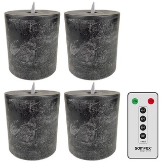 SOMPEX LED-Kerze 4er Set LED Kerzen anthrazit 10x11cm Echtwachskerzen mit Fernbedienung (Set, 5-tlg., 4 Kerzen, Höhe 11cm, Durchmesser 10cm, 1 Fernbedienung), fernbedienbar, integrierter Timer, Echtwachs grau
