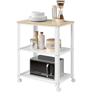 WOLTU Rollwagen mit 3 Ebenen, Servierwagen, Küchenwagen mit Rollen, für Mini-Backofen, Metallrahmen, 60 x 76 x 40 cm (Weiß+Helle Eiche)