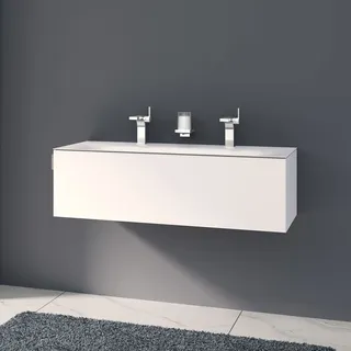 Keuco EDITION 11 Art Emaille-Doppelwaschtisch mit Waschtischunterschrank und Schaftventil, 1 Auszug, 2 Hahnlöcher, 120 cm, Badmöbel,
