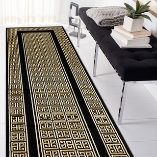 Modern Gloss Teppich Läufer, stivoll, Rahmen, Griechisch schwarz/Gold 80x300 cm